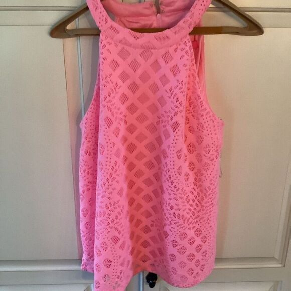 NEW Lilly Pulitzer Rayanne Halter Top Sz L Pelican Pink Pineapple Geo Lace - Picture 2 of 11